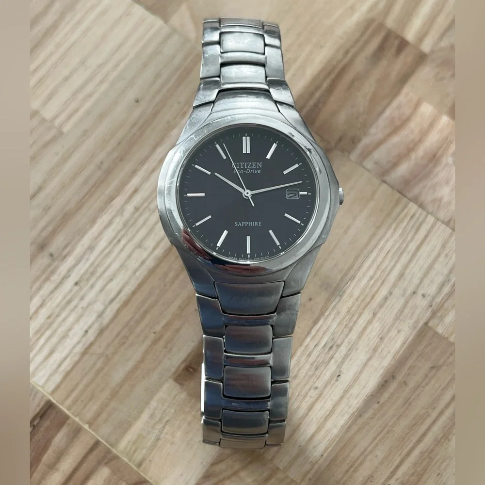 Citizen Eco-Drive Sapphire Men’s Solar Watch Black Dial Stainless Bracelet Date